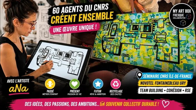 Fresque à plat – séminaire à Fontainebleau, 60 participants : 60 agents du CNRS créent une fresque collaborative autour