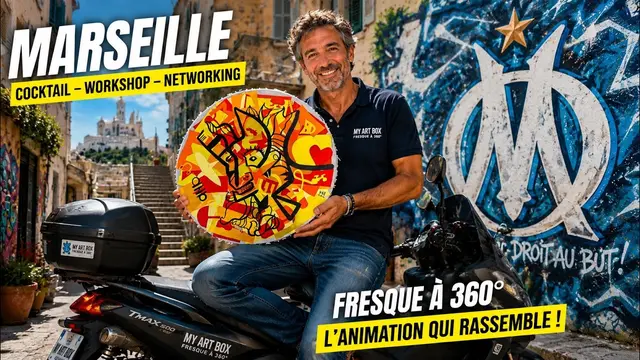 Fresque à 360° – cocktail à Marseille, 100 participants : Animation collaborative unique pour cocktail professionnel